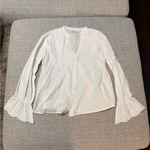 Women's White Eyelet Bell-Sleeve Pintuck Button-Down Shirt